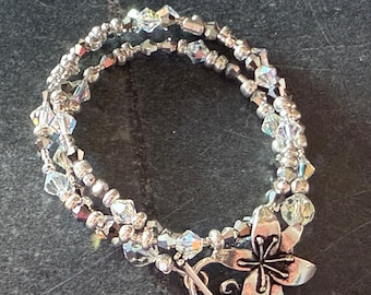 Crystal Metal Glass Beaded Wrap Bracelet Necklace with Flower Toggle Clasp