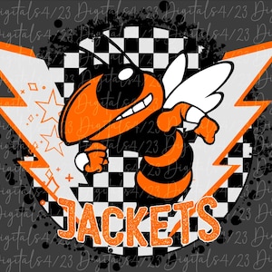 May include: A black and white checkered circle with a cartoon orange and black bee with wings. The bee is flying towards a white lightning bolt. The text "JACKETS" is in orange glitter letters on the circle.