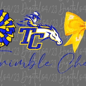 Può includere: Una collezione di grafiche a tema cheerleader in blu e giallo. Include un pompon, un fiocco e un logo con un cavallo e le lettere "TC". Le parole "Trimble Cheer" sono scritte in corsivo.