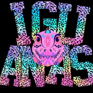 May include: A digital illustration on a black background features the word "IGUANAS" in a rainbow leopard print font. A pink iguana head is centered, with intricate details and a matching color scheme.