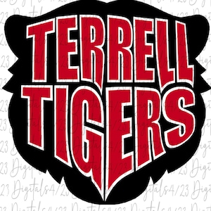 May include: A black and red graphic featuring the text "TERRELL TIGERS" in a bold, outlined font. The text is set against a black tiger head shape. This design is likely intended for school spirit or sports-related products.