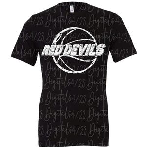 May include: Black t-shirt featuring a white basketball graphic with the words "RED DEVILS" in bold, white letters. The basketball design is a prominent element, creating a sporty aesthetic. The shirt is a classic crew neck style.