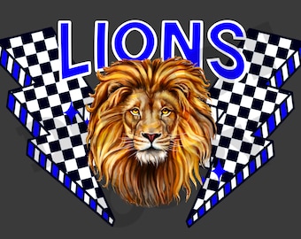 Lions Blue Checkered Lightning Mascot PNG