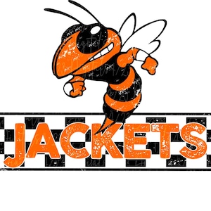 May include: A graphic design featuring a cartoon-style hornet in orange and black, with the word "JACKETS" in orange block letters below. The background includes a black and white checkered pattern.