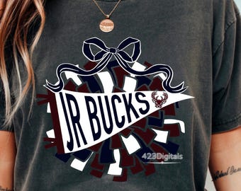 Jr Bucks Navy & Maroon Cheer Pennant Coquette Pom Pom Red Mascot PNG for Shirts