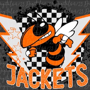 May include: A graphic design featuring a cartoon bee with orange and black stripes, white wings, and a smiling face. The bee is set against a white and orange lightning bolt and a black and white checkered background. The word "JACKETS" is written in orange block letters.