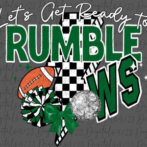 Könnte beinhalten: Digitales Grafikdesign mit dem Text "Let's Get Ready to RUMBLE". Das Design beinhaltet einen Football, einen Pompon, eine Discokugel und die Buchstaben "WS" in Grün und Weiß. Der Hintergrund ist grau.
