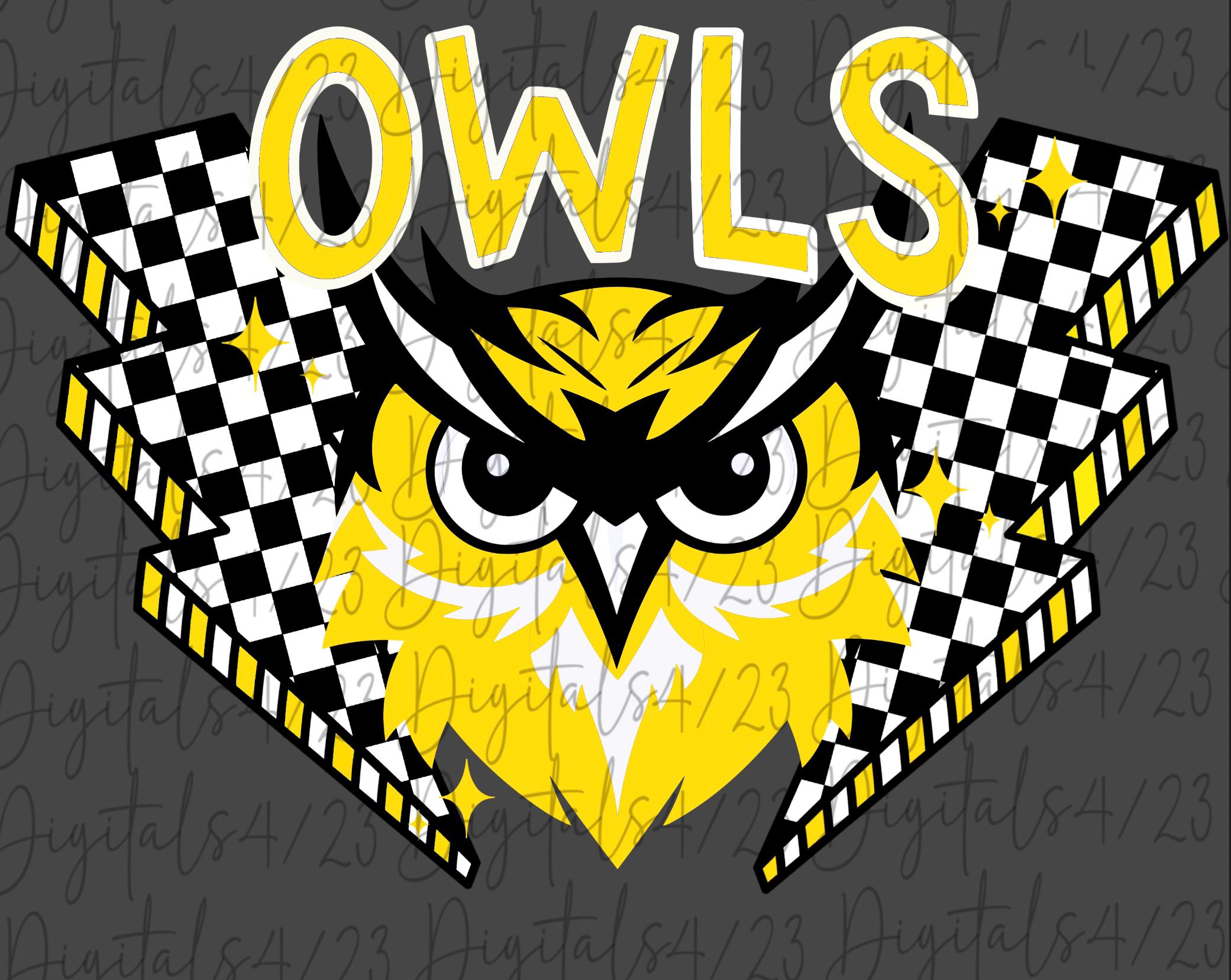 Owls Yellow Gold Checkered Lightning Mascot PNG for Tshirts