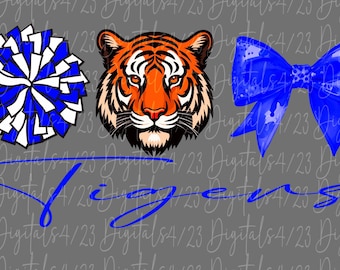 Tigers Cheer Blue Bow Mascot PNG Sublimation or DTF File for Shirts