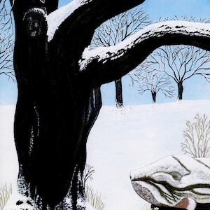 Grußkarte: "die Eiche und die Delphin-Stein"-Winter Geburtstag Karte, Schneelandschaft, mystische, Baum, Helleborus, aus einem Gemälde von Liz Clarke
