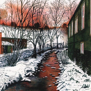 Carte de vœux: "Snowy teatime at Cononley Beck" -carte d’anniversaire d’hiver, paysage enneigé, coucher de soleil, neige, ruisseau, d’une peinture de Liz Clarke