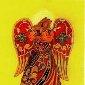 Greetings card: &quot;Angel with flute&quot; -  angel card, spiritual/mystical card, religious holiday card, yellow, red,from a painting by Liz Clarke