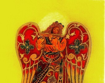 Greetings card: "Angel with flute" -  angel card, spiritual/mystical card, religious holiday card, yellow, red,from a painting by Liz Clarke