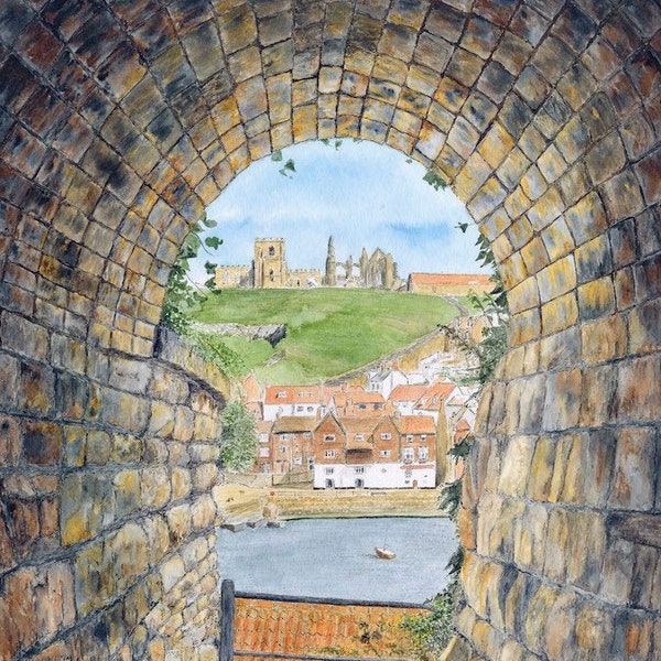 Greetings card: "Abbey view"" -  Whitby Abbey, seaside town, harbour view, Yorkshire coast, from an original painting by Dave Marsh