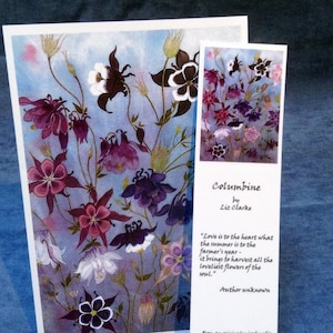 Scheda & scheda di fiore segnalibro - "Colombina" - con un segnalibro corrispondente citazione ispiratrice, amo la carta, da un dipinto di Liz Clarke