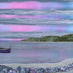 Carte de vœux: « Tranquil Bay » - carte de paysage marin, peinture de bateau, scène côtière, carte pour les amoureux de la mer, carte d’art, d’un tableau de Liz Marsh