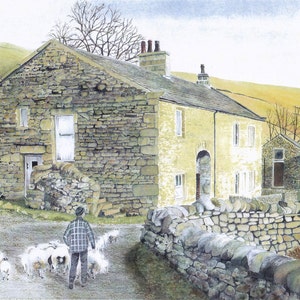 Carte de vœux: "Presque à la maison" - carte de mouton, scène de pays, paysage, carte de retour, carte d’art rural, à partir d’une peinture de Dave Marsh