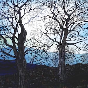 Greetings card - &quot;Sycamore dawn&quot; - winter/fall card, bare trees, tree branches, dawn sky, sunrise, blue, grey, from a painting by Liz Clarke