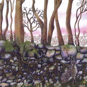 Greetings card: &quot;Clock-watchers&quot; -  hare card, trees, tree roots, wall, dandelion clocks, seasons, from an original painting by Liz Clarke