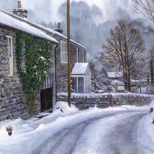 Tarjeta de felicitación: "Beck House Farm": paisaje invernal, camino nevado, cabañas, escena de nieve, tarjeta de cumpleaños de invierno, a partir de una pintura de Dave Marsh