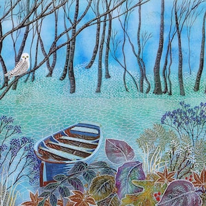 Greetings card:&quot;Ice haven&quot;- winter birthday card, snowy owl, boat, mystical, winter landscape, frozen lake, from a painting by Liz Clarke