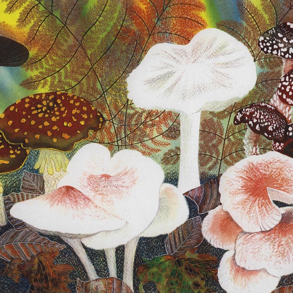 Greetings card: "Mushroom chorus" - autumn / fall card, mushrooms, toadstools, funghi, browns, from an original painting by Liz Clarke
