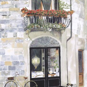 Carte de voeux:"Street corner, Lucca" - carte paysagère, carte italienne, magasin d’angle, carte de chien, géraniums rouges, d’un tableau de Dave Marsh