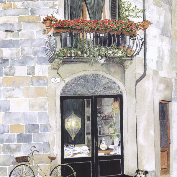 Greetings card:"Street corner, Lucca" - landscape card, Italian card, corner shop, dog card, red geraniums, from a painting by Dave Marsh