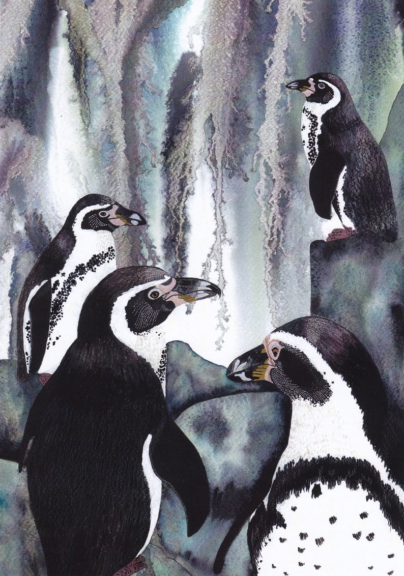 Carte de voeux : Splashdown carte de pingouin, carte d'oiseau, cascade, noir blanc gris, éclaboussures d'eau, d'après une peinture de Liz Clarke image 1