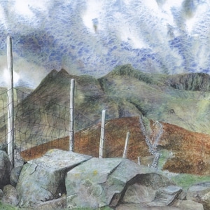 Cartão de felicitações: "Lingmoor Fell" - cartão de paisagem, Cumbrian Falls, Lake District, cartão para caminhantes de uma pintura original de Dave Marsh