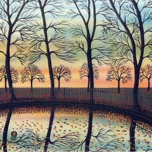 Carte de voeux : « Dancing Trees » - carte de sapin, automne, automne, orange, arbres nus, paysage d'automne, lac, d'après une peinture de Liz Clarke