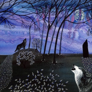 Carte de vœux: « Wolf moon » - loups, lune, ciel nocturne, arbres nus, carte mystique, pierre dressée, d’après un tableau original de Liz Clarke