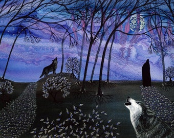 Carte de vœux: « Wolf moon » - loups, lune, ciel nocturne, arbres nus, carte mystique, pierre dressée, d’après un tableau original de Liz Clarke