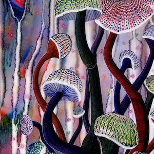 Grußkarte: "Pilz Tanz" - Fantasy-Karte, Boho-Karte, Hippie, Magie, psychedelisch, tanzen, von einem original-Gemälde von Liz Clarke