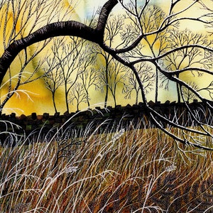 Carte de voeux : « Brown Bank frost » - carte d'anniversaire hivernale, graminées givrées, paysage hivernal, branches d'arbres, d'après un tableau de Liz Clarke