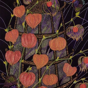 Cartão de felicitações: "Lanternas chinesas" - cartão de flores, pintura de physalis, cartão de borboleta, cartão oriental, de uma pintura de Liz Clarke