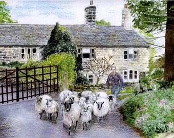 Greetings card: "Ghyll House Farm"- sheep card, farmhouse, flock, country lane, country scene, from an original painting by Dave Marsh