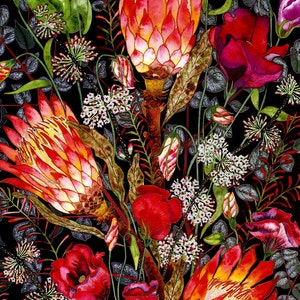 Tarjeta de felicitación: "Regal" - tarjeta de flores, ramo, proteus, rosas rojos, lisianthus, de una pintura original de Liz Clarke