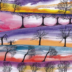 Carte de voeux: « Ciel et arbres » - couchers de soleil, les arbres dénudés, flexion des arbres, carte de l'art contemporain, d'une peinture de Liz Clarke
