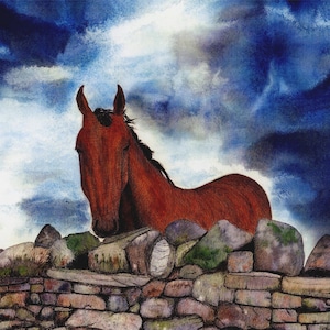 Groeten kaart - "Kastanje storm" - paardenkaart, kastanjepaard, dierenkaart, plattelandskaart, van een schilderij van Dave Marsh