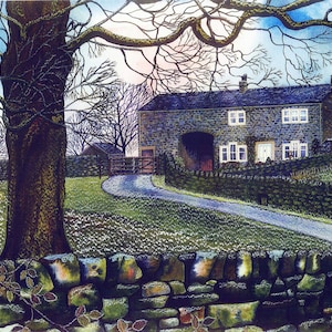 Greetings card: &quot;Haw Farm&quot; -winter landscape card, winter birthday card, farmhouse, frost, brambles, wall, from a painting by Liz Clarke