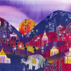 Greetings card: "Thai-dye landscape" - elephant card, boho, Thailand, temples, tie-dye, sunrise, fantasy, from a painting by Liz Clarke