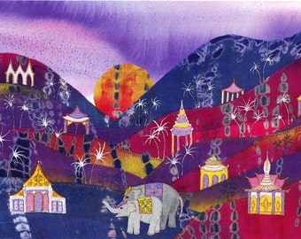 Greetings card: "Thai-dye landscape" - elephant card, boho, Thailand, temples, tie-dye, sunrise, fantasy, from a painting by Liz Clarke