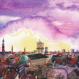 Greetings card: &quot;Copenhagen skyline&quot; -  landscape card, Denmark, city view, from an original mixed media painting by Liz Clarke