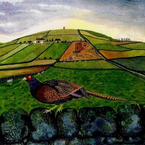 Cartão de felicitações: "Faisão depois da tempestade" - cartão de pássaro, faisão, cenário campestre, cartão de amante de pássaros, arte rural, de uma pintura de Liz Clarke