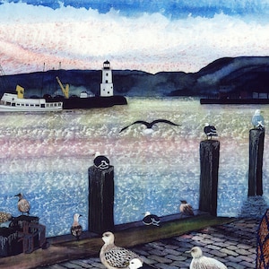 Biglietto di auguri: "East Coast ninna nanna" - biglietto per uccelli, gabbiani, mare, porto, barca, faro, vasi di aragosta, da un dipinto di Liz Clarke