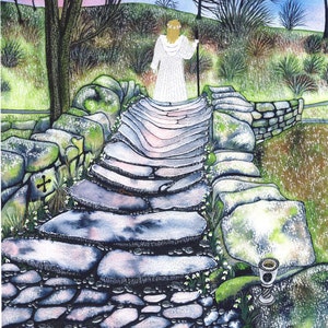 Carta di saluti: "La traversata"-scheda mistico/spirituale, simpatia, ponte, percorso vita, gelo, bucaneve, da un dipinto di Liz Clarke