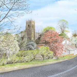 Carte de voeux: « Long Street, Topcliffe » - scène de village, église du village, paysage, scène rurale, Yorkshire, d’un tableau de Dave Marsh