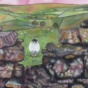 Cartão de felicitações: "Swaledale bem-vindo" - cartão de ovelha, paisagem, estilo rural, parede de pedra, pintura de ovelha, de uma pintura de Liz Marsh