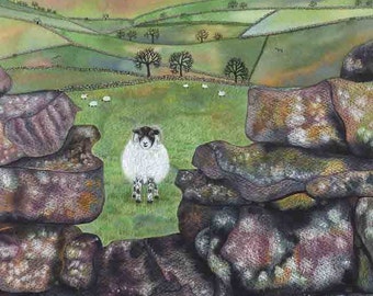 Greetings card: "Swaledale welcome" - sheep card, landscape, country stile, stone wall, sheep painting, from a painting by Liz Marsh